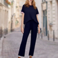Damen-Zweiteiler: Gestreiftes T-Shirt & Jogginghose mit weitem Bein