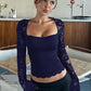 58% RABATT✨Einfarbiges Damen-T-Shirt – Spitzenblumenmuster, Gesplittete Rüschen & Transparente Ärmel für Romantischen Look ✨