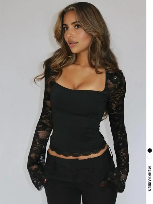 58% RABATT✨Einfarbiges Damen-T-Shirt – Spitzenblumenmuster, Gesplittete Rüschen & Transparente Ärmel für Romantischen Look ✨