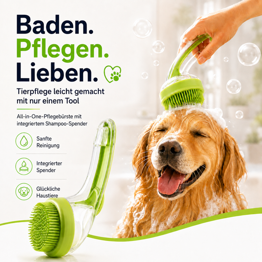 🐶 Tierbadbürste – Langer Griff, Shampoo-Spender, 2 Bürstenkopf-Optionen 🧴