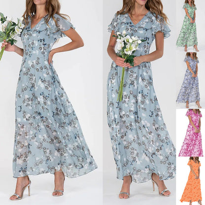 🌺Sommer Heißer Verkauf 50% Rabatt🍃Kurzärmeliges langes Kleid mit Blumendruck👗