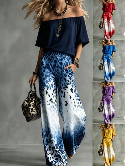 🏷️ Räumung -50%! Set aus einem Top mit U-Ausschnitt und schulterfreiem Schnitt sowie einer weiten Hose mit Leopardenmuster und Ombré-Effekt