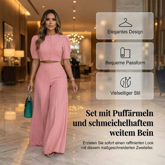 Elegantes Set: Crop-Top mit Puffärmeln & Hose mit weitem Bein