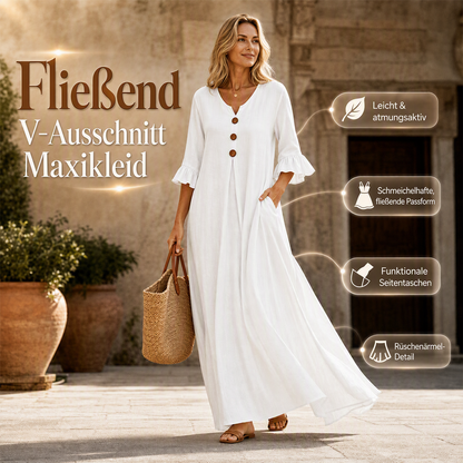 👗⭐ Top-bewertet – Maxikleid für Damen mit V-Ausschnitt und Rüschenärmeln