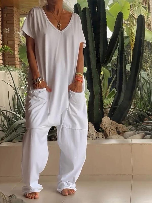 🔥49% RABATT🔥 Lässiger einfarbiger Jumpsuit mit V-Ausschnitt