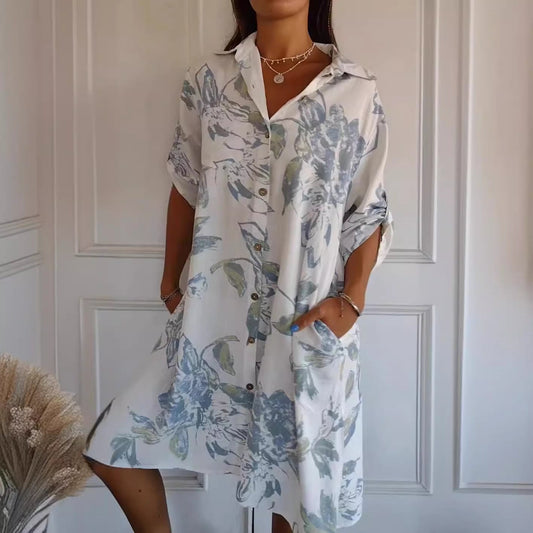Neue Produkte✨Einfaches bedrucktes Kleid aus Baumwolle und Leinen