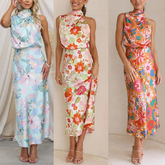 ✨Bis zu 61% RABATT✨Love In The Garden Floral Halter Neck Elastische Taille Maxi Kleid