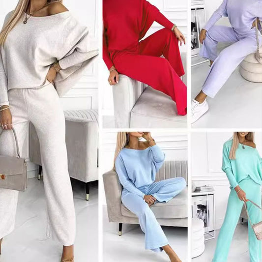Damen-Set mit einfarbigem Pullover mit überschnittenen Schultern und lockerer Hose