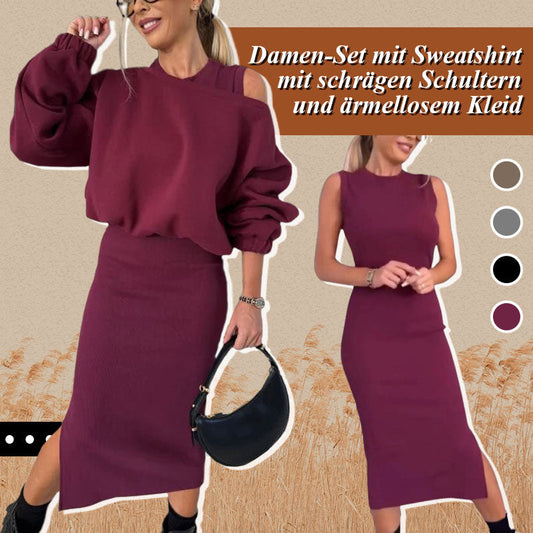 🍂Damen-Set mit Sweatshirt mit schrägen Schultern und ärmellosem Kleid💕