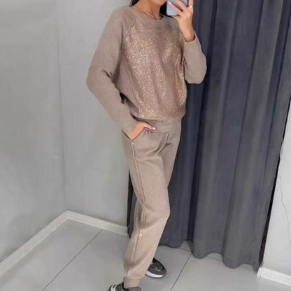 Bis zu 40 % Rabatt!!🔥Damen Glitter Rhinestone Sweatshirt & Casual Hose 2-teiliges Set