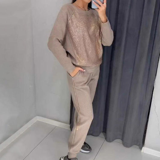 Bis zu 40 % Rabatt!!🔥Damen Glitter Rhinestone Sweatshirt & Casual Hose 2-teiliges Set