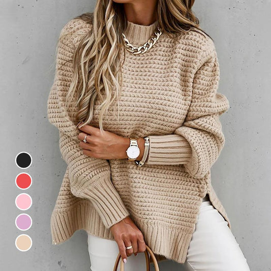 💖Unifarbener Strickpullover mit Seitenschlitzen und Rundhalsausschnitt