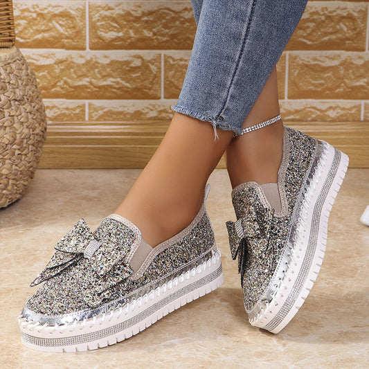 Damen Slip-On Loafer mit Strasssteinen und Schleife