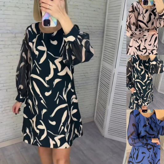 🎉 Frohes neues Jahr! 50 % RABATT 🛍️ Langärmliges Kleid mit Rundhalsausschnitt und lockerem Print für Damen