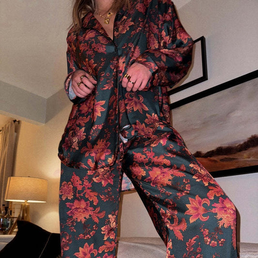 Frauen Floral Bedrucktes Langarm Pyjama Oberteil & Hose Zwei-Teile-Set