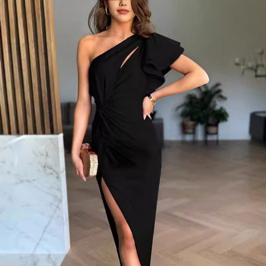 💃Bis zu 49 % Rabatt!🌟One-Shoulder-Kleid mit Cut-Out und Rüschenärmeln
