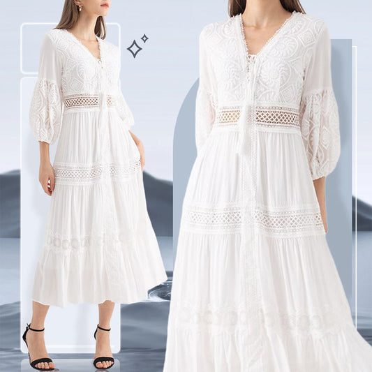 Boho Midi-Kleid mit V-Ausschnitt in Weiß