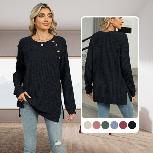 Rundhalsiges, einfarbiges Stricktop mit Schlitzsaum