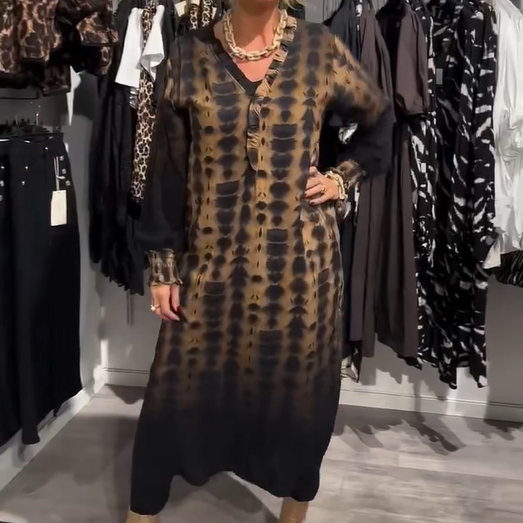 Frauen Loose V-Ausschnitt Leopardenmuster Lange Kleid