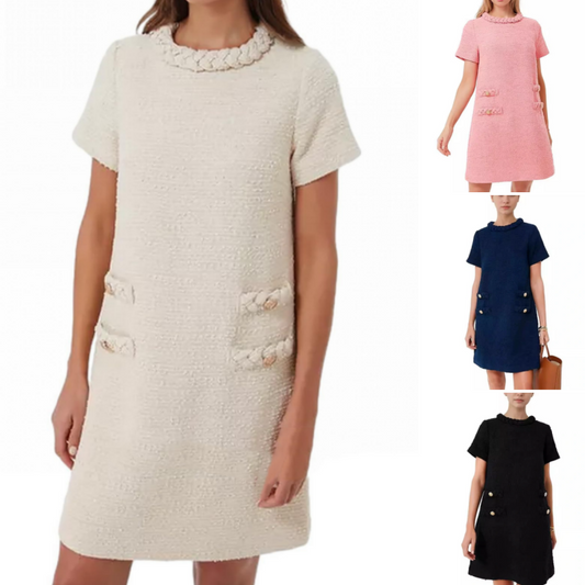 Damen Elegantes Tweed-Kleid mit Kurzen Ärmeln