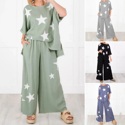 50 % Rabatt!🌟Lässiges zweiteiliges Set mit kurzen Ärmeln und Stern-Patch für Damen