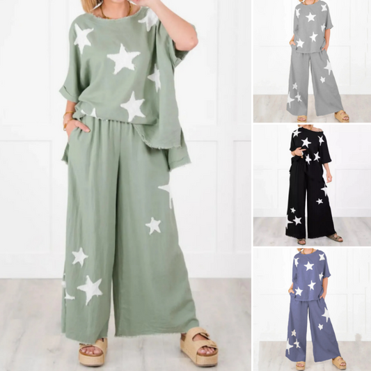 50 % Rabatt!🌟Lässiges zweiteiliges Set mit kurzen Ärmeln und Stern-Patch für Damen