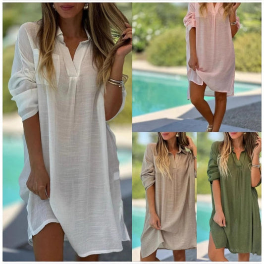Lässiges, langes Hemdkleid mit V-Ausschnitt und Revers für Damen