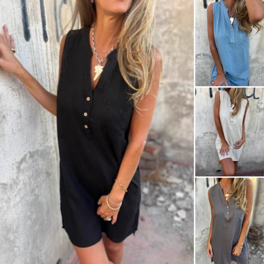 🍂Ärmelloses Kleid mit Knopfleiste und V-Ausschnitt für Damen