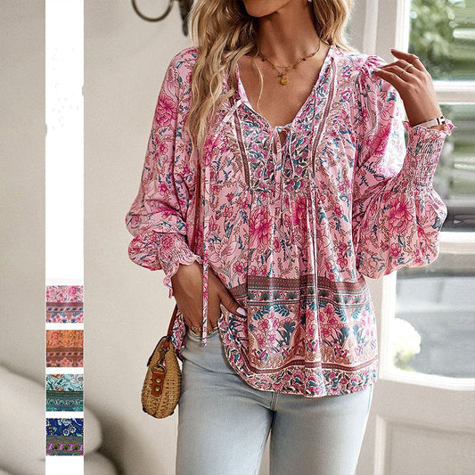 🌷Frühling Vorverkauf 49% Rabatt🍃Damenmode bedrucktes Langarmshirt mit V-Ausschnitt