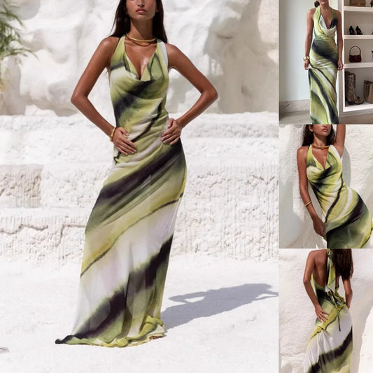 Damen Sexy Bedrucktes Rückenfreies Neckholder-Maxikleid