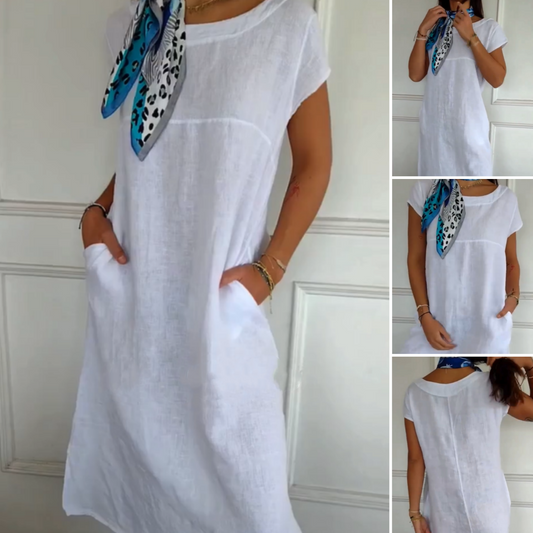 🌿Damen Kurzarmkleid mit Rundhalsausschnitt aus Baumwoll-Leinen