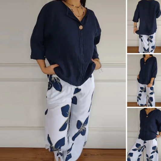Damen Rundhalsausschnitt Oberteile ＆ Bedruckte Hosen Set