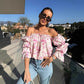 Geblümtes, gesmoktes Off-Shoulder-Top