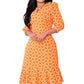 Trendiges orangefarbenes bedrucktes Damenkleid mit 3/4-Ärmeln