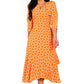 Trendiges orangefarbenes bedrucktes Damenkleid mit 3/4-Ärmeln