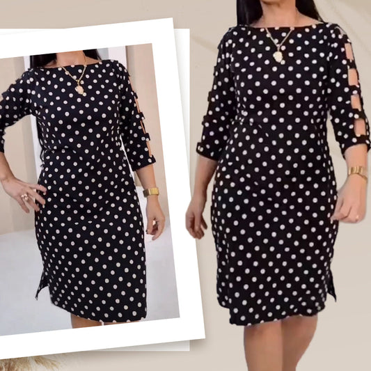 50 % Rabatt!🌟Women's Polka Dot Ausschnitt Ärmel Knielanges Kleid💞💞Trendige neue Produkte