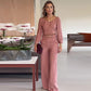 Elegantes rosa Oberteil mit quadratischem Ausschnitt und Hose mit weitem Bein, 2-teiliges Set