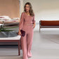 Elegantes rosa Oberteil mit quadratischem Ausschnitt und Hose mit weitem Bein, 2-teiliges Set