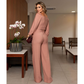 Elegantes rosa Oberteil mit quadratischem Ausschnitt und Hose mit weitem Bein, 2-teiliges Set