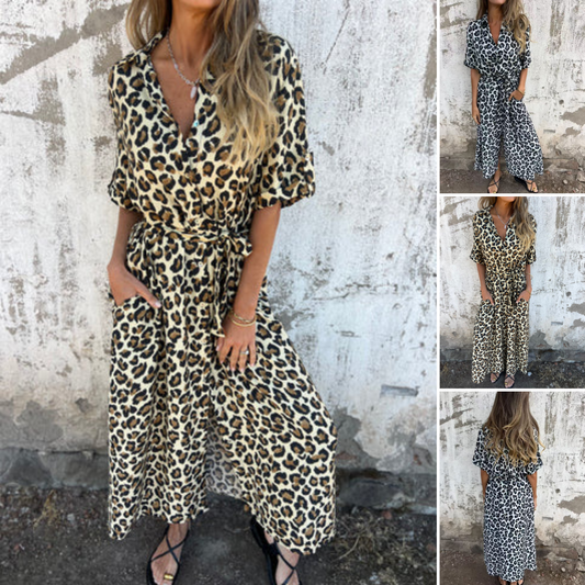 Maxikleid mit V-Ausschnitt und Leopardenmuster👗