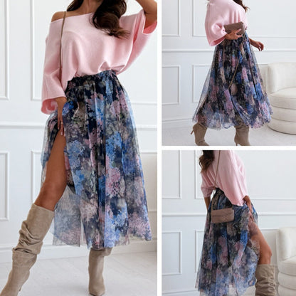 Damen-Set: Lockeres Off-Shoulder-Oberteil & gedruckter Mesh-Rock