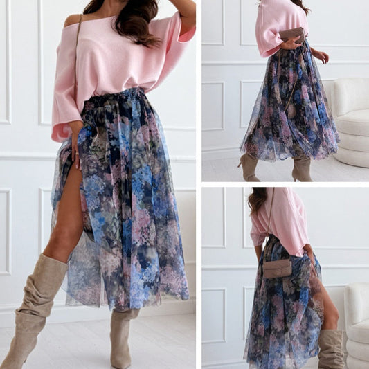 Damen-Set: Lockeres Off-Shoulder-Oberteil & gedruckter Mesh-Rock