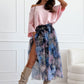 Damen-Set: Lockeres Off-Shoulder-Oberteil & gedruckter Mesh-Rock