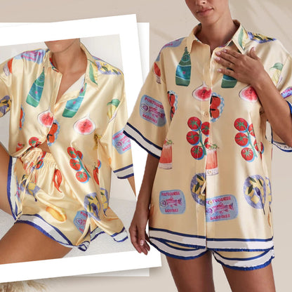 🌸Maximal 50 % Rabatt🍂Damen Freizeit-Pyjama-Set mit Reverskragen & Shorts – 2-teilig