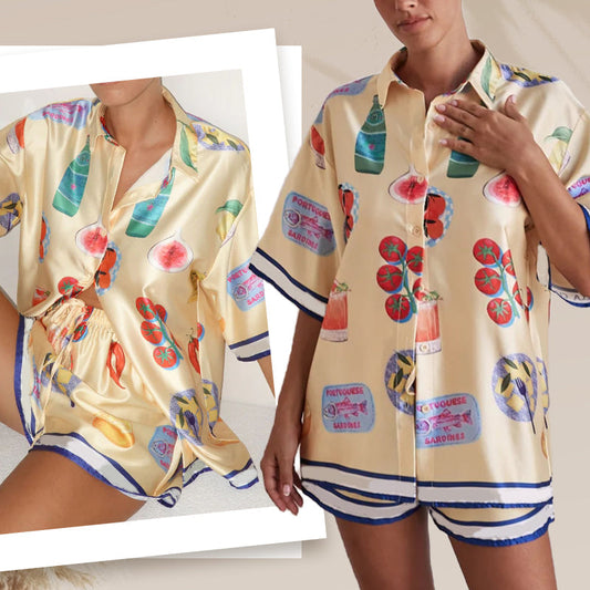 🌸Maximal 50 % Rabatt🍂Damen Freizeit-Pyjama-Set mit Reverskragen & Shorts – 2-teilig