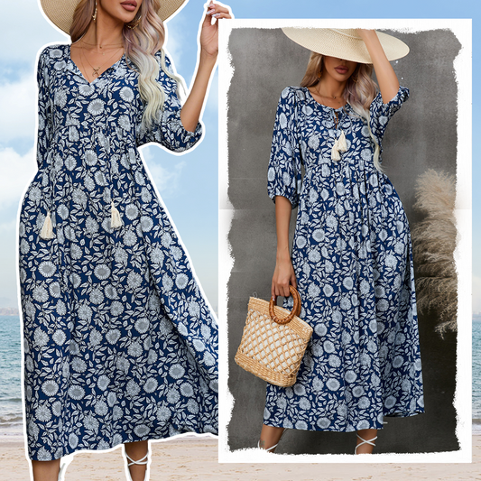 💙🌟Elegantes langes Kleid mit Blumendruck und V-Ausschnitt für Damen