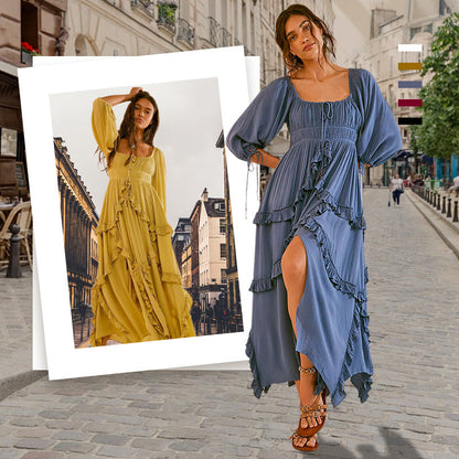 Damen U-Ausschnitt Rüschen Patchwork Split Swing Kleid