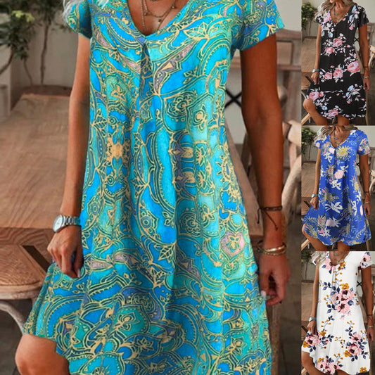 Damen elegantes Langarmkleid mit Blumenmuster und V-Ausschnitt