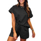 💖Damen einfarbiges Set aus strukturiertem Stoff: Kurzarm-Oberteil und Shorts mit Kordelzug