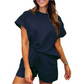 💖Damen einfarbiges Set aus strukturiertem Stoff: Kurzarm-Oberteil und Shorts mit Kordelzug